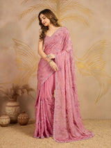 Lightpink Satin Embroidery work Saree with Unstitched Blouse Piece For Women's