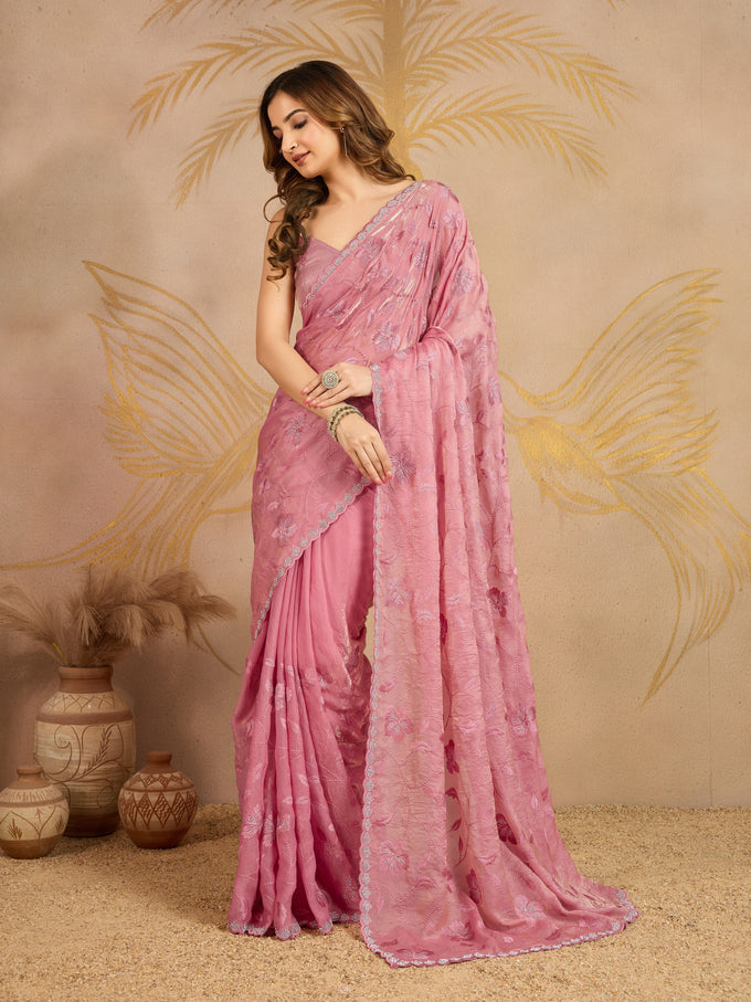Lightpink Satin Embroidery work Saree with Unstitched Blouse Piece For Women's Trendmalls
