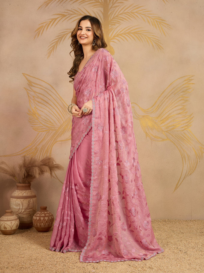 Lightpink Satin Embroidery work Saree with Unstitched Blouse Piece For Women's Trendmalls