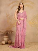 Lightpink Satin Embroidery work Saree with Unstitched Blouse Piece For Women's