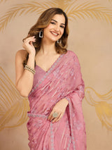 Lightpink Satin Embroidery work Saree with Unstitched Blouse Piece For Women's