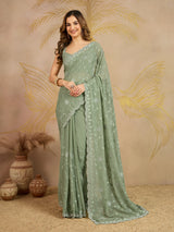 Lightgreen Geogette Embroidery Zarkan Work Saree with Unstitched Blouse Piece For Women's