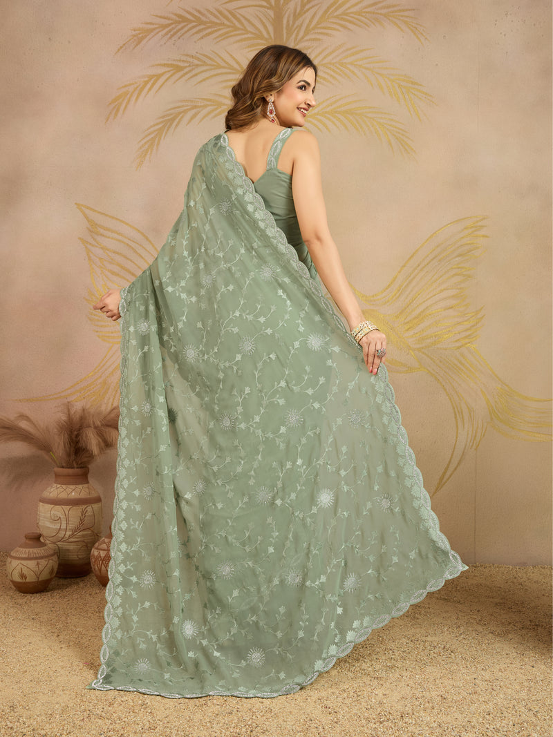 Lightgreen Geogette Embroidery Zarkan Work Saree with Unstitched Blouse Piece For Women's