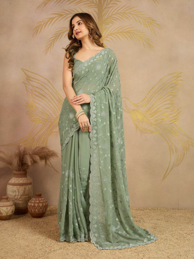 Lightgreen Geogette Embroidery Zarkan Work Saree with Unstitched Blouse Piece For Women's