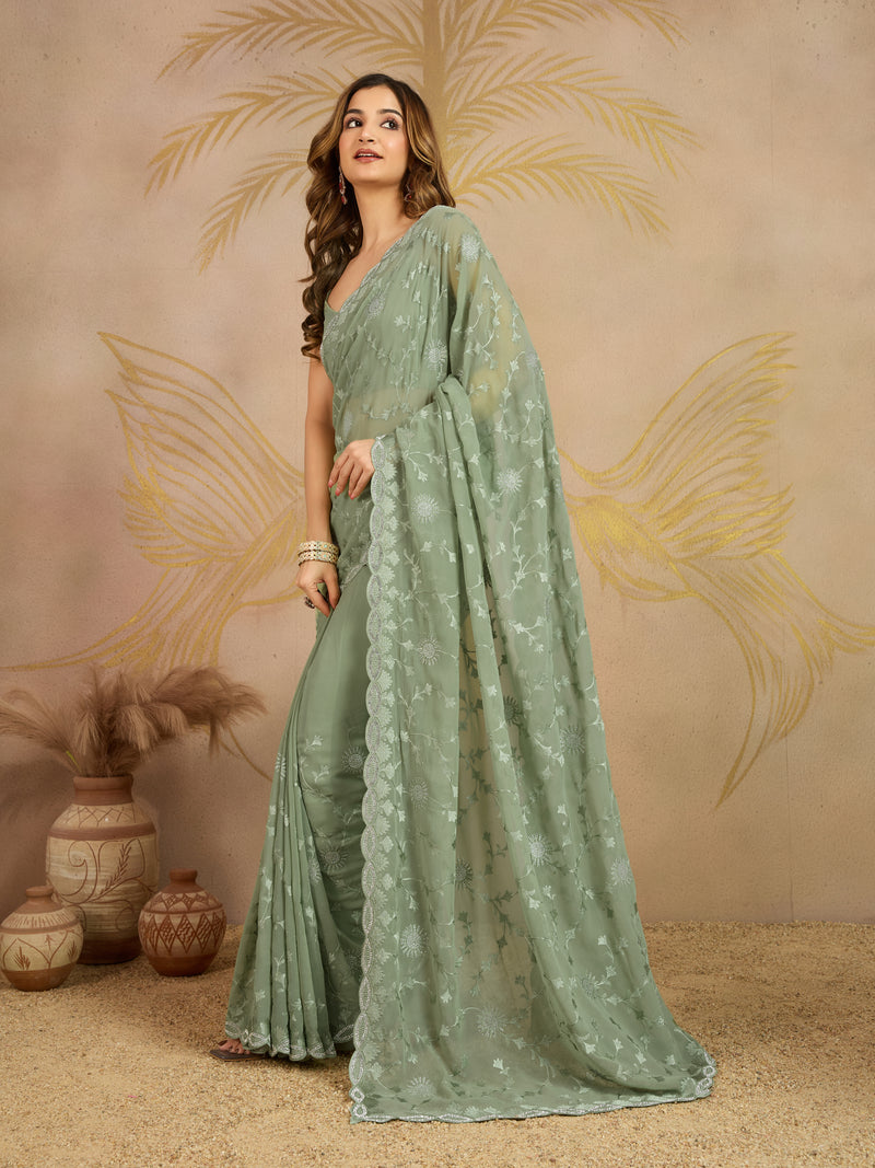 Lightgreen Geogette Embroidery Zarkan Work Saree with Unstitched Blouse Piece For Women's