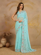 Turquoise Georgette Embroidery work Saree with Unstitched Blouse Piece For Women's