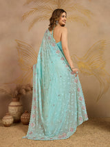 Turquoise Georgette Embroidery work Saree with Unstitched Blouse Piece For Women's Trendmalls