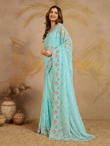 Turquoise Georgette Embroidery work Saree with Unstitched Blouse Piece For Women's