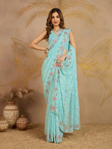 Turquoise Georgette Embroidery work Saree with Unstitched Blouse Piece For Women's