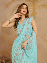 Turquoise Georgette Embroidery work Saree with Unstitched Blouse Piece For Women's