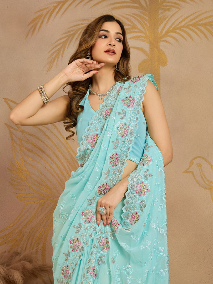 Turquoise Georgette Embroidery work Saree with Unstitched Blouse Piece For Women's Trendmalls