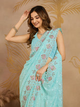 Turquoise Georgette Embroidery work Saree with Unstitched Blouse Piece For Women's