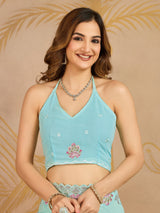 Turquoise Georgette Embroidery work Saree with Unstitched Blouse Piece For Women's Trendmalls