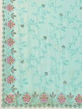 Turquoise Georgette Embroidery work Saree with Unstitched Blouse Piece For Women's Trendmalls