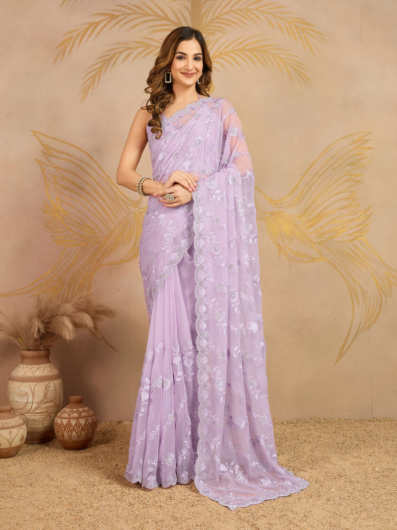 LightPurple Chiffon Embroidery Zarkan Work Saree with Unstitched Blouse Piece For Women's