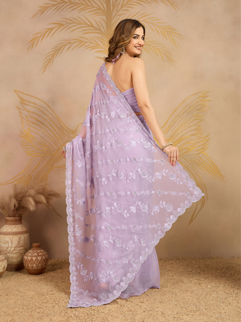 LightPurple Chiffon Embroidery Zarkan Work Saree with Unstitched Blouse Piece For Women's