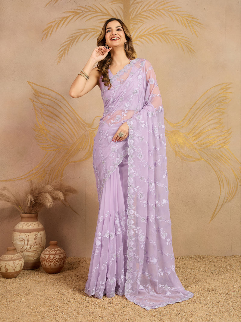 LightPurple Chiffon Embroidery Zarkan Work Saree with Unstitched Blouse Piece For Women's