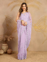 LightPurple Chiffon Embroidery Zarkan Work Saree with Unstitched Blouse Piece For Women's