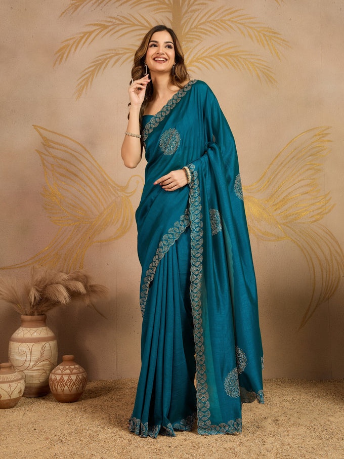 Morpeach Art Silk Siroski Work Saree with Unstitch Blouse Piece For Women's Trendmalls