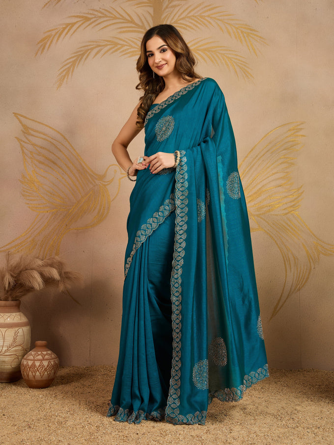 Morpeach Art Silk Siroski Work Saree with Unstitch Blouse Piece For Women's Trendmalls