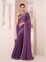 Purple Chiffon Embroidery Sequence Work Saree with Unstitched Blouse Piece