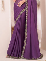 Purple Chiffon Embroidery Sequence Work Saree with Unstitched Blouse Piece