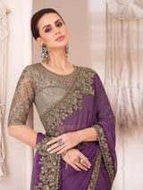 Purple Chiffon Embroidery Sequence Work Saree with Unstitched Blouse Piece