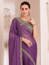 Purple Chiffon Embroidery Sequence Work Saree with Unstitched Blouse Piece