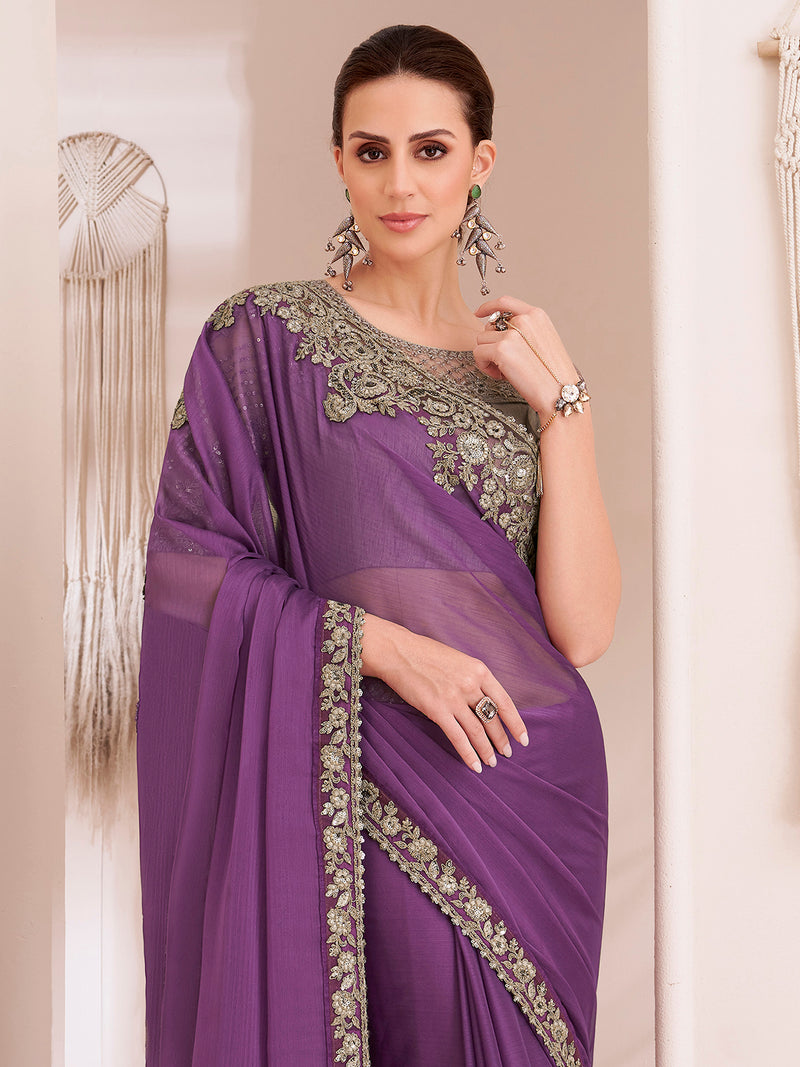 Purple Chiffon Embroidery Sequence Work Saree with Unstitched Blouse Piece