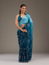 Skyblue Satin Siroski Work Ombre Pattern Dual Shade Saree with Unstitch Blouse Piece For Woman's