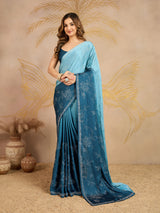 Skyblue Satin Siroski Work Ombre Pattern Dual Shade Saree with Unstitch Blouse Piece For Woman's