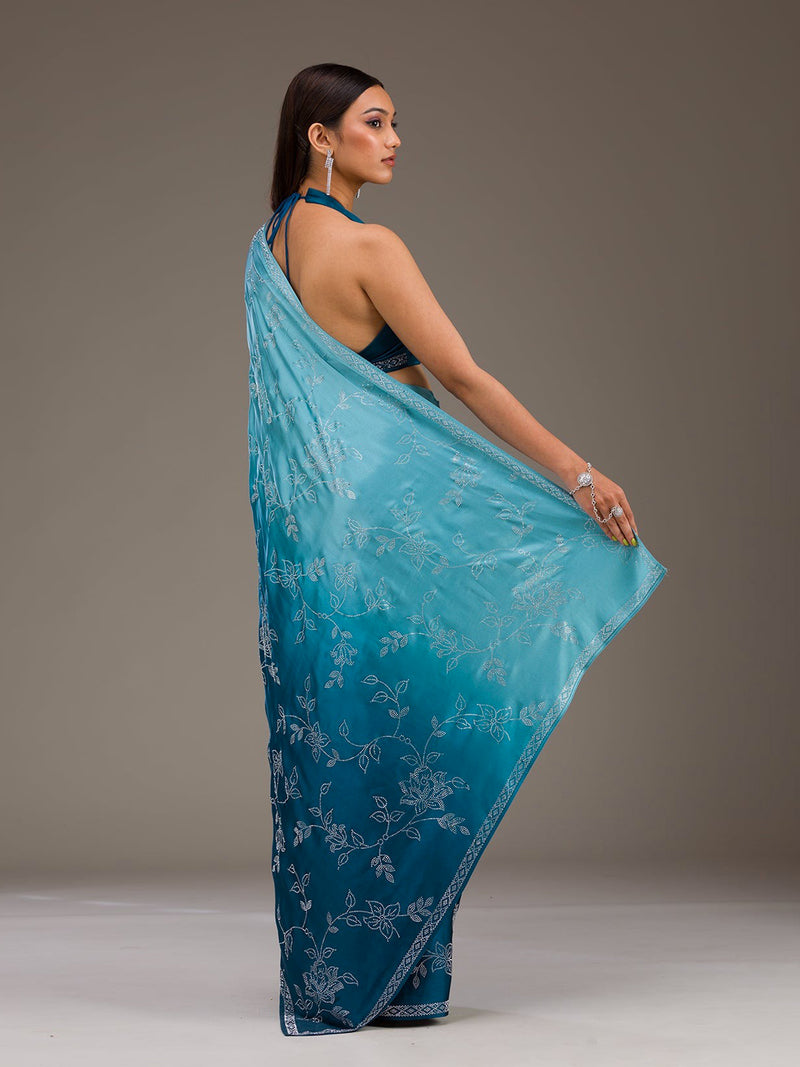 Skyblue Satin Siroski Work Ombre Pattern Dual Shade Saree with Unstitch Blouse Piece For Woman's