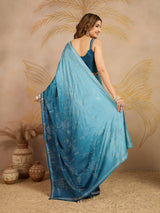 Skyblue Satin Siroski Work Ombre Pattern Dual Shade Saree with Unstitch Blouse Piece For Woman's Trendmalls