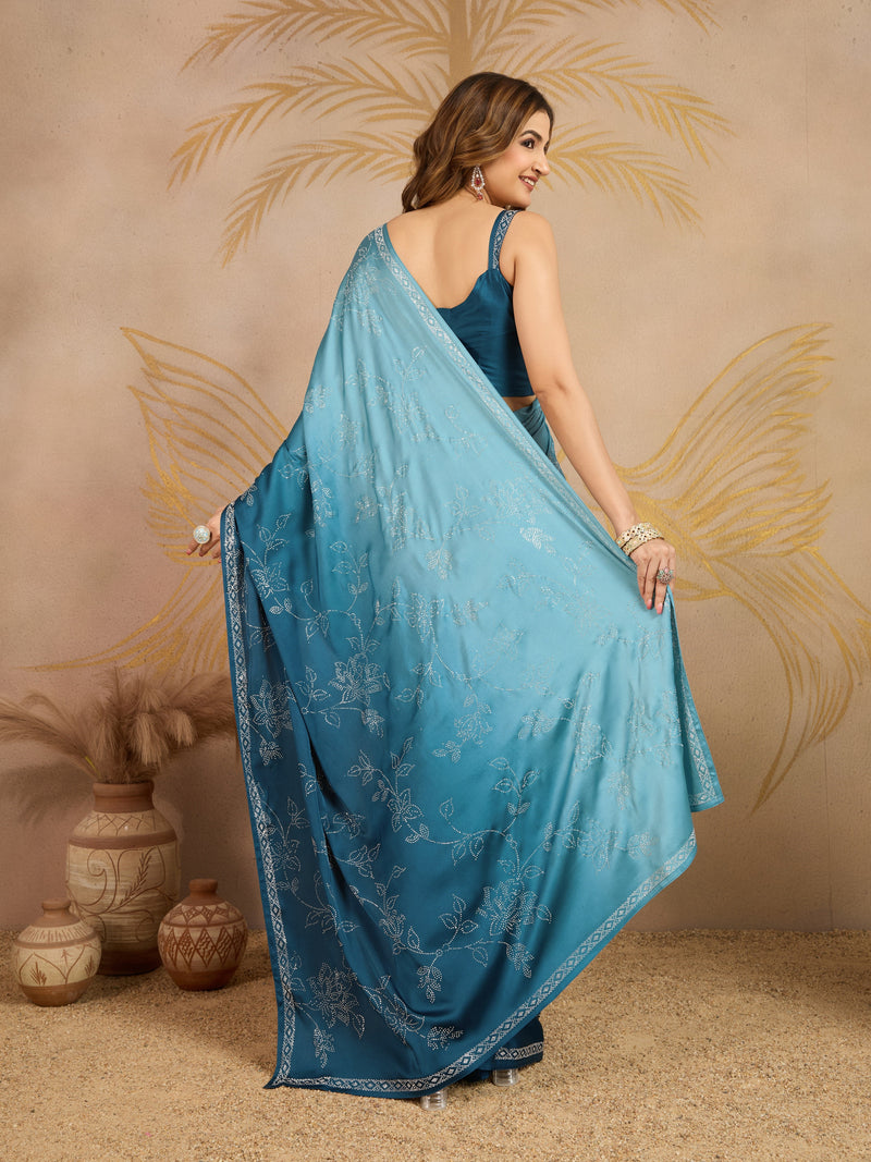 Skyblue Satin Siroski Work Ombre Pattern Dual Shade Saree with Unstitch Blouse Piece For Woman's Trendmalls