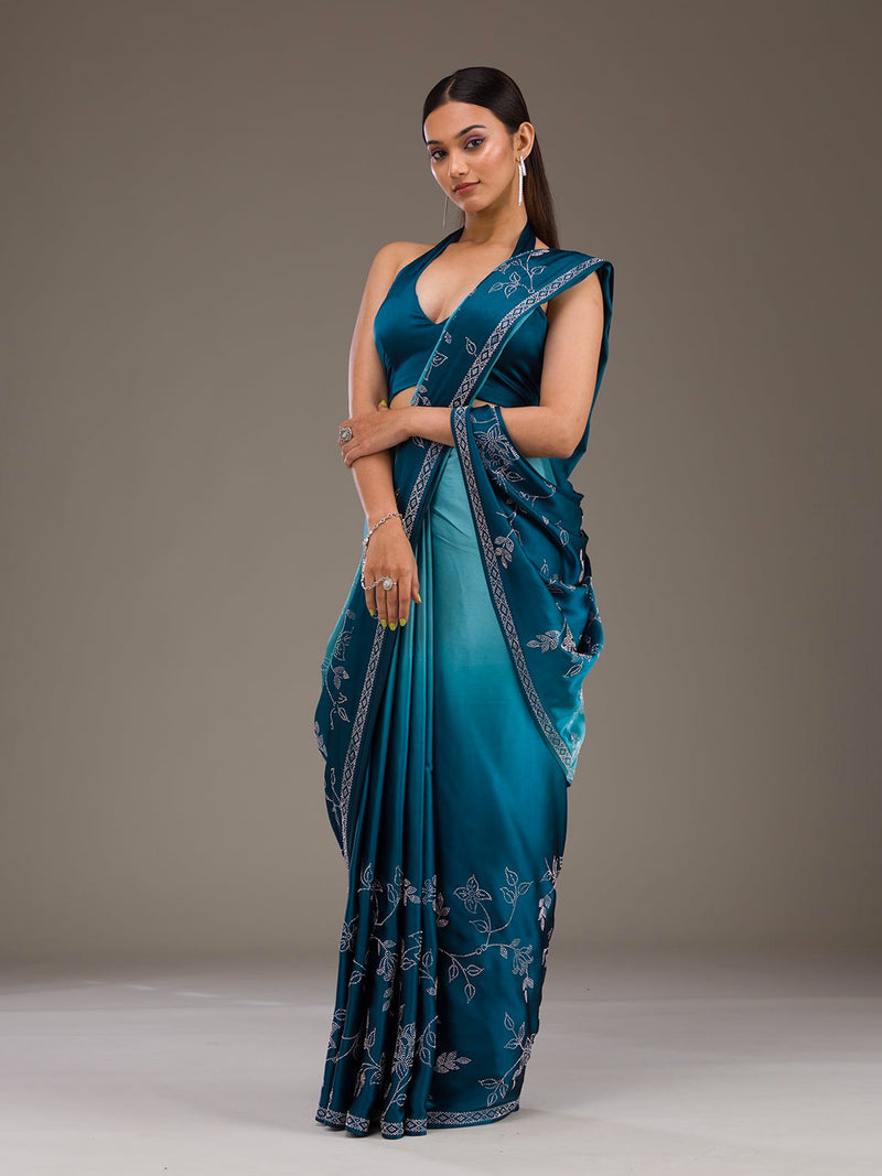 Skyblue Satin Siroski Work Ombre Pattern Dual Shade Saree with Unstitch Blouse Piece For Woman's