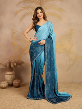 Skyblue Satin Siroski Work Ombre Pattern Dual Shade Saree with Unstitch Blouse Piece For Woman's