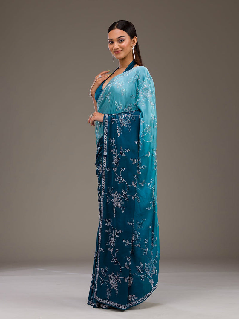 Skyblue Satin Siroski Work Ombre Pattern Dual Shade Saree with Unstitch Blouse Piece For Woman's