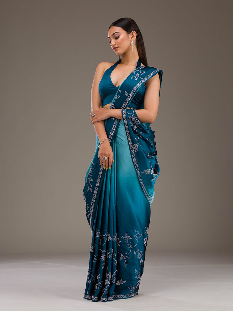 Skyblue Satin Siroski Work Ombre Pattern Dual Shade Saree with Unstitch Blouse Piece For Woman's