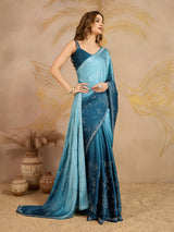 Skyblue Satin Siroski Work Ombre Pattern Dual Shade Saree with Unstitch Blouse Piece For Woman's