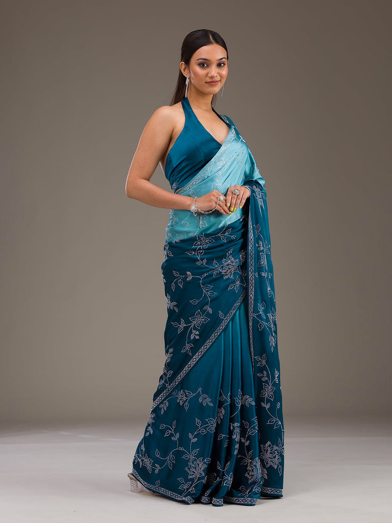 Skyblue Satin Siroski Work Ombre Pattern Dual Shade Saree with Unstitch Blouse Piece For Woman's