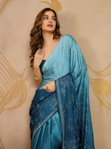 Skyblue Satin Siroski Work Ombre Pattern Dual Shade Saree with Unstitch Blouse Piece For Woman's