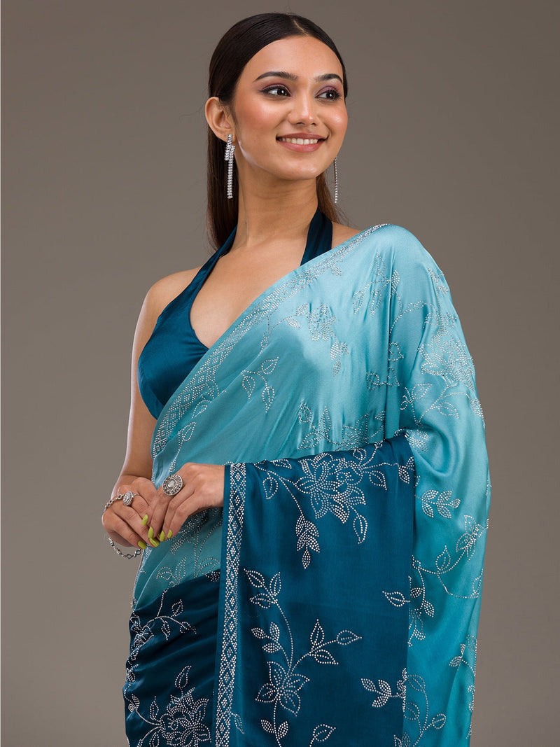 Skyblue Satin Siroski Work Ombre Pattern Dual Shade Saree with Unstitch Blouse Piece For Woman's