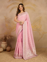 LightPink Tussar Silk Embroidery Siroski Work Saree with Unstitch Blouse Piece For Women's