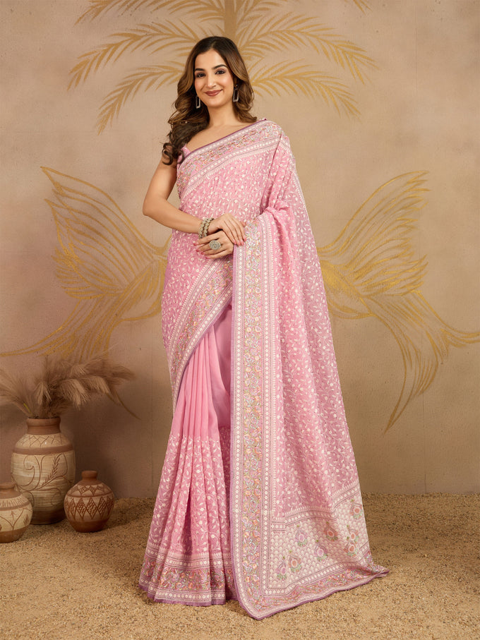 LightPink Tussar Silk Embroidery Siroski Work Saree with Unstitch Blouse Piece For Women's Trendmalls