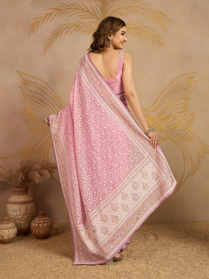 LightPink Tussar Silk Embroidery Siroski Work Saree with Unstitch Blouse Piece For Women's Trendmalls