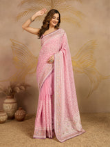 LightPink Tussar Silk Embroidery Siroski Work Saree with Unstitch Blouse Piece For Women's
