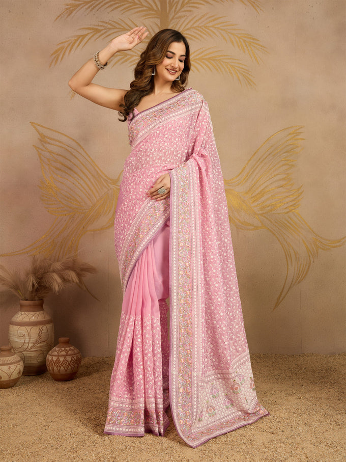 LightPink Tussar Silk Embroidery Siroski Work Saree with Unstitch Blouse Piece For Women's Trendmalls