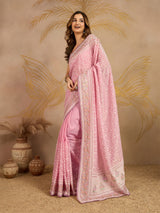 LightPink Tussar Silk Embroidery Siroski Work Saree with Unstitch Blouse Piece For Women's