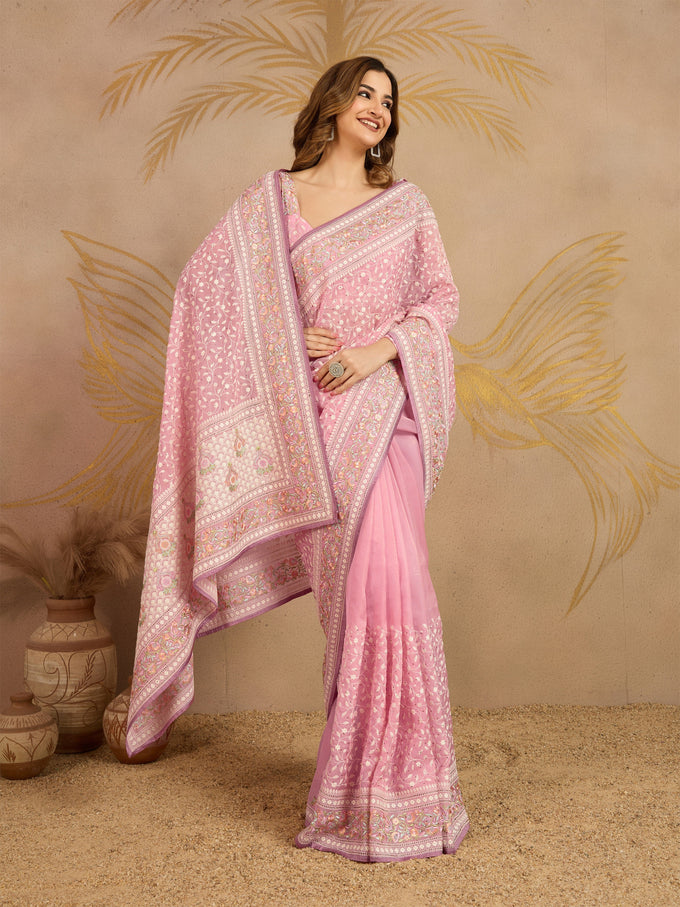 LightPink Tussar Silk Embroidery Siroski Work Saree with Unstitch Blouse Piece For Women's Trendmalls