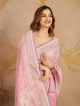 LightPink Tussar Silk Embroidery Siroski Work Saree with Unstitch Blouse Piece For Women's